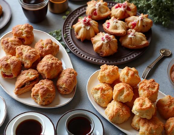 A beautifully arranged catering spread with coffee and pastries for a private event.