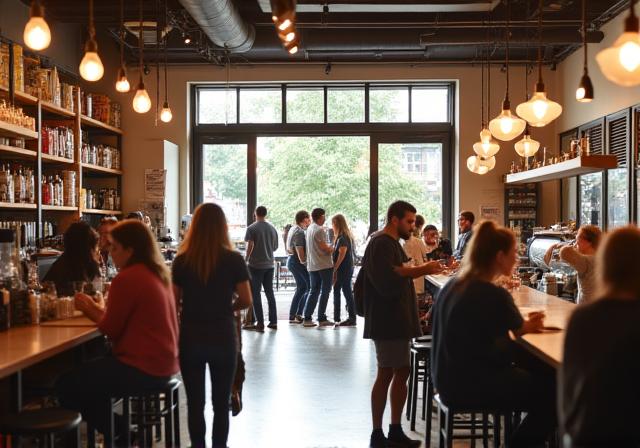The bustling atmosphere of the cafe on a sunny afternoon.