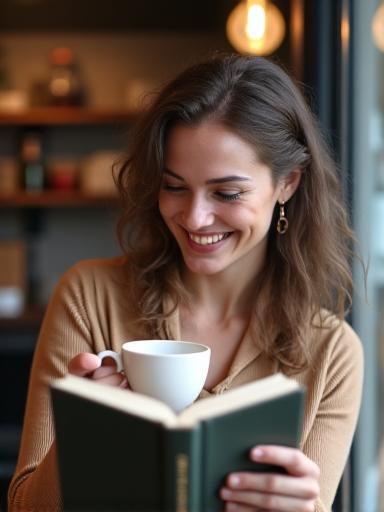 A happy customer enjoying a cup of coffee and a book.