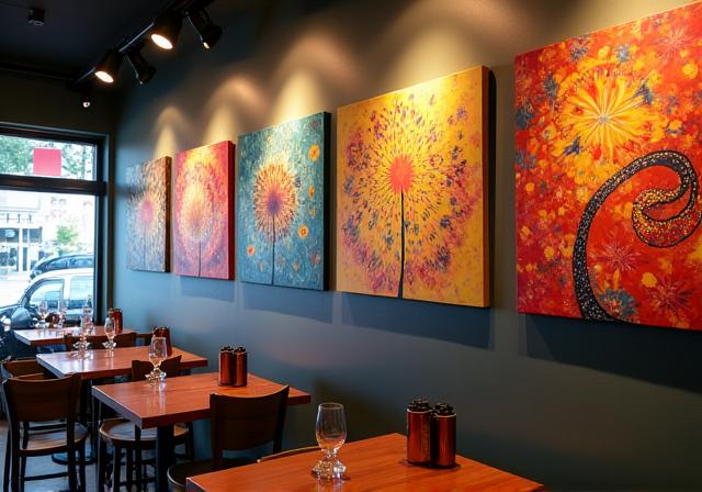 A wall in the cafe showcasing vibrant paintings from a local artist.