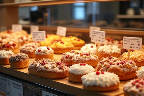 The display counter filled with a variety of fresh artisanal pastries.