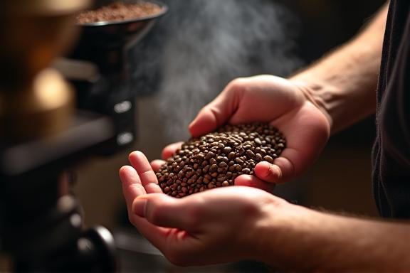 A barista checking the color of freshly roasted coffee beans.