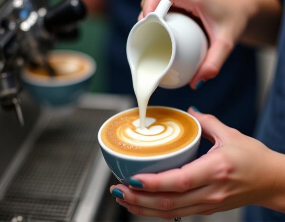 A student carefully pouring milk to create latte art during a workshop.